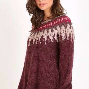 Free People Women's Fair Isle Crew Neck Oversized Pullover Berry Combo Size L
